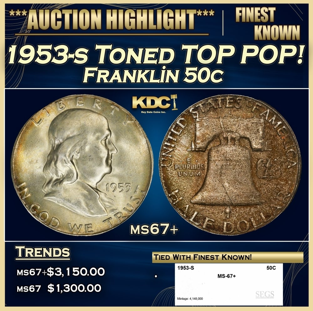 1953-s Franklin Half Dollar Toned TOP POP! 50c ms67+ SEGS: 1953-s Toned TOP POP! Franklin Half Dollar 50c ms67+ SEGS. 0 Historic precious metal trends is causing increased spot pricing by the day. On auctions with set openings, we are doing our best to have i