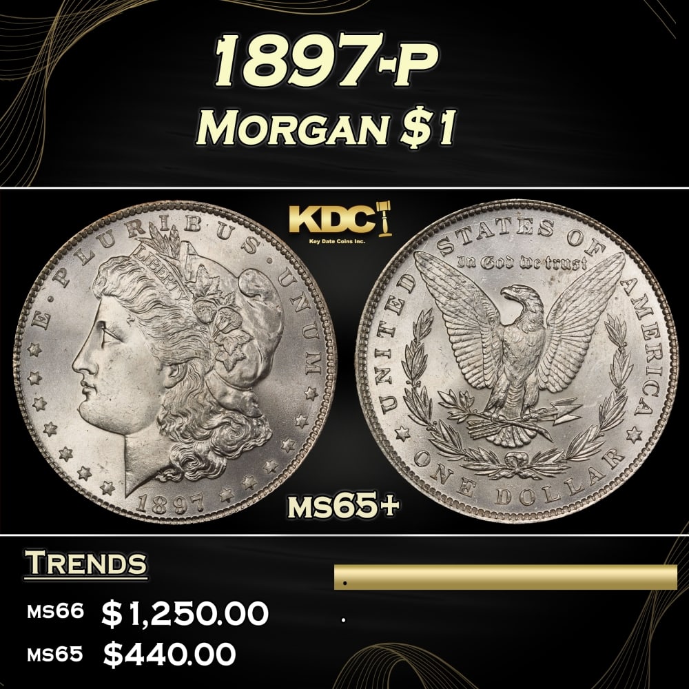 1897-p Morgan Dollar $1 Grades ms65+: 1897-p Morgan Dollar $1 Grades ms65+. 0 Historic precious metal trends is causing increased spot pricing by the day. On auctions with set openings, we are doing our best to have items priced at their