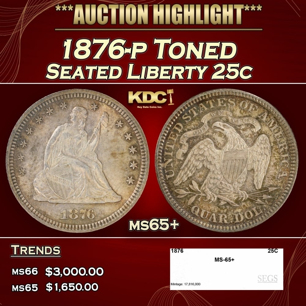 1876-p Seated Liberty Quarter Toned 25c ms65+ SEGS (1 of 4)