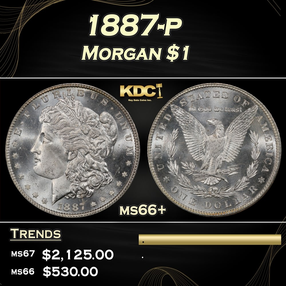 1887-p Morgan Dollar $1 ms66+ SEGS: 1887-p Morgan Dollar $1 ms66+ SEGS. 0 Historic precious metal trends is causing increased spot pricing by the day. On auctions with set openings, we are doing our best to have items priced at their ma