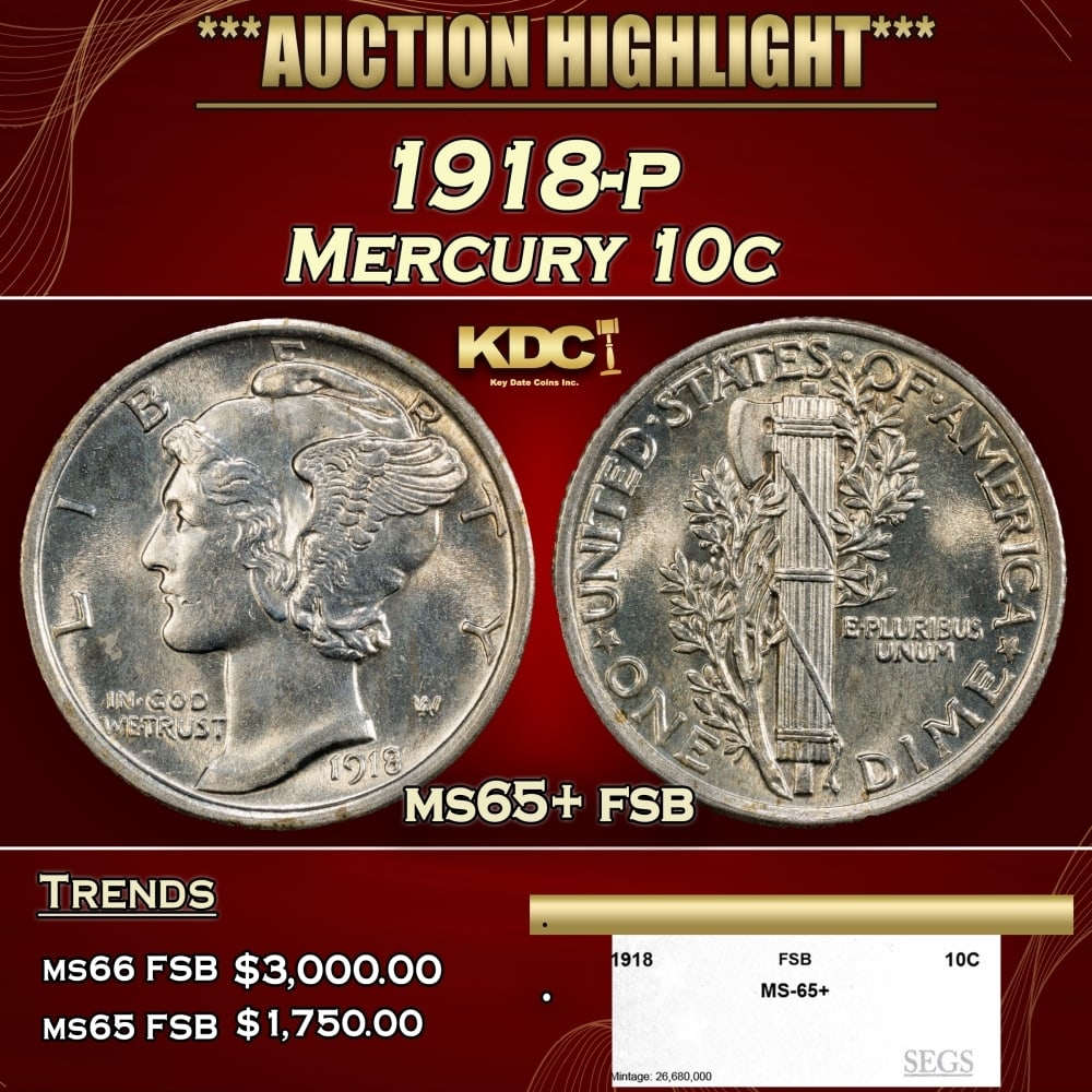 1918-p Mercury Dime 10c ms65+ fsb SEGS (1 of 4)