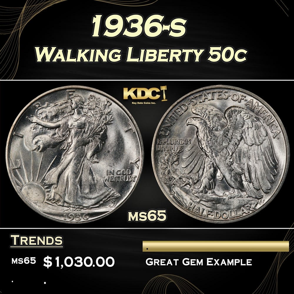 1936-s Walking Liberty Half Dollar 50c Grades ms65: 1936-s Walking Liberty Half Dollar 50c Grades ms65. 0 Historic precious metal trends is causing increased spot pricing by the day. On auctions with set openings, we are doing our best to have items pr