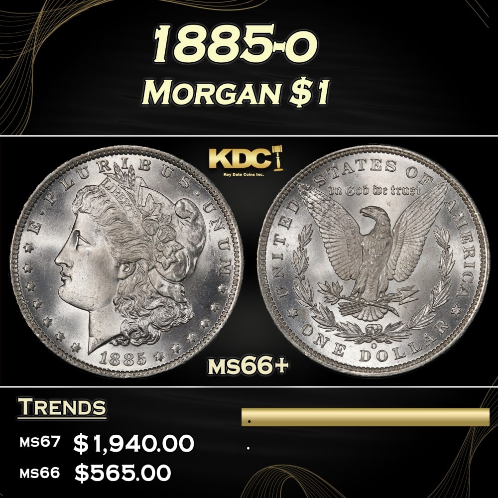 1885-o Morgan Dollar $1 ms66+ SEGS: 1885-o Morgan Dollar $1 ms66+ SEGS. Historic precious metal trends is causing increased spot pricing by the day. On auctions with set openings, we are doing our best to have items priced at their mark