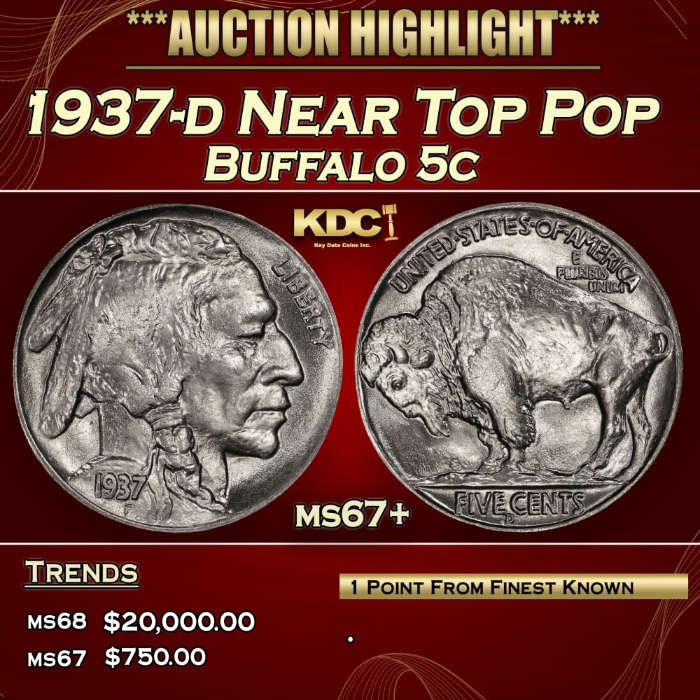 1937-d Buffalo Nickel Near Top Pop 5c ms67+ SEGS: 1937-d Near Top Pop Buffalo Nickel 5c ms67+ SEGS. Historic precious metal trends is causing increased spot pricing by the day. On auctions with set openings, we are doing our best to have items priced
