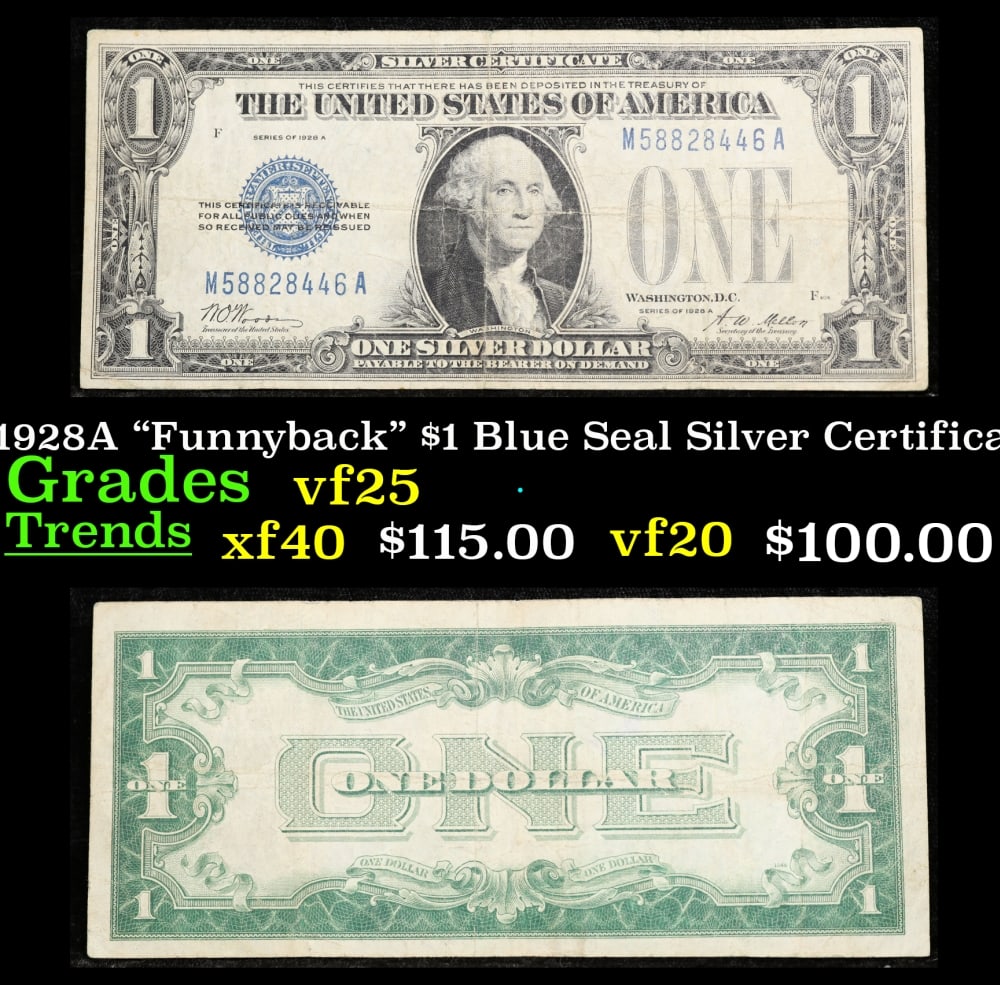 1928A $1 Blue Seal Silver Certificate "Funnyback" Grades vf+: 1928A $1 Blue Seal Silver Certificate "Funnyback" Grades vf+. FR-1601 Signatures Woods-Mellon These were the first notes to be called funnybacks. The reason they are called funnybacks is because of th