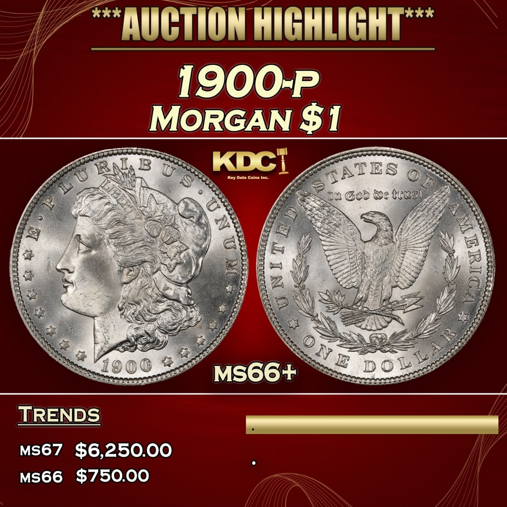 1900-p Morgan Dollar $1 ms66+ SEGS: 1900-p Morgan Dollar $1 ms66+ SEGS. Historic precious metal trends is causing increased spot pricing by the day. On auctions with set openings, we are doing our best to have items priced at their mark