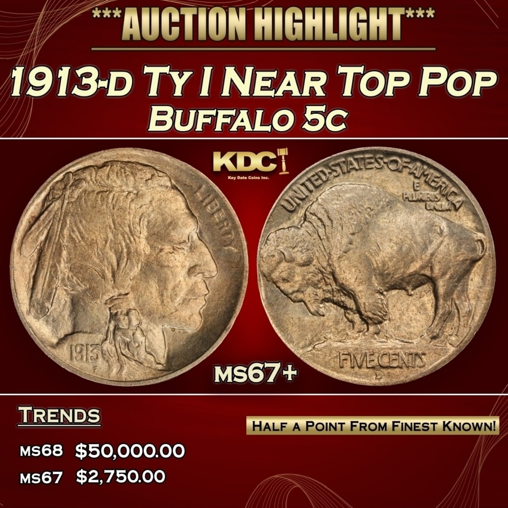 1913-d Ty I Buffalo Nickel Near Top Pop 5c ms67+ SEGS: 1913-d Ty I Near Top Pop Buffalo Nickel 5c ms67+ SEGS. 0 Historic precious metal trends is causing increased spot pricing by the day. On auctions with set openings, we are doing our best to have items