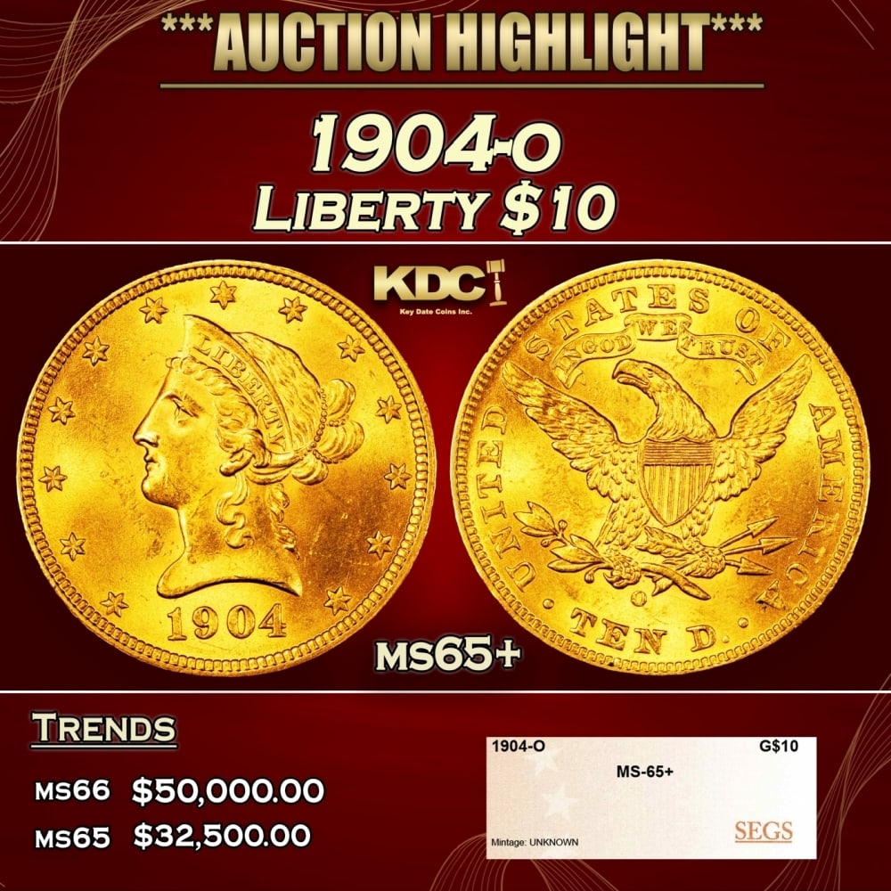 1904-o Gold Liberty Eagle $10 ms65+ SEGS: 1904-o Gold Liberty Eagle $10 ms65+ SEGS. 0 Historic precious metal trends is causing increased spot pricing by the day. On auctions with set openings, we are doing our best to have items priced at th
