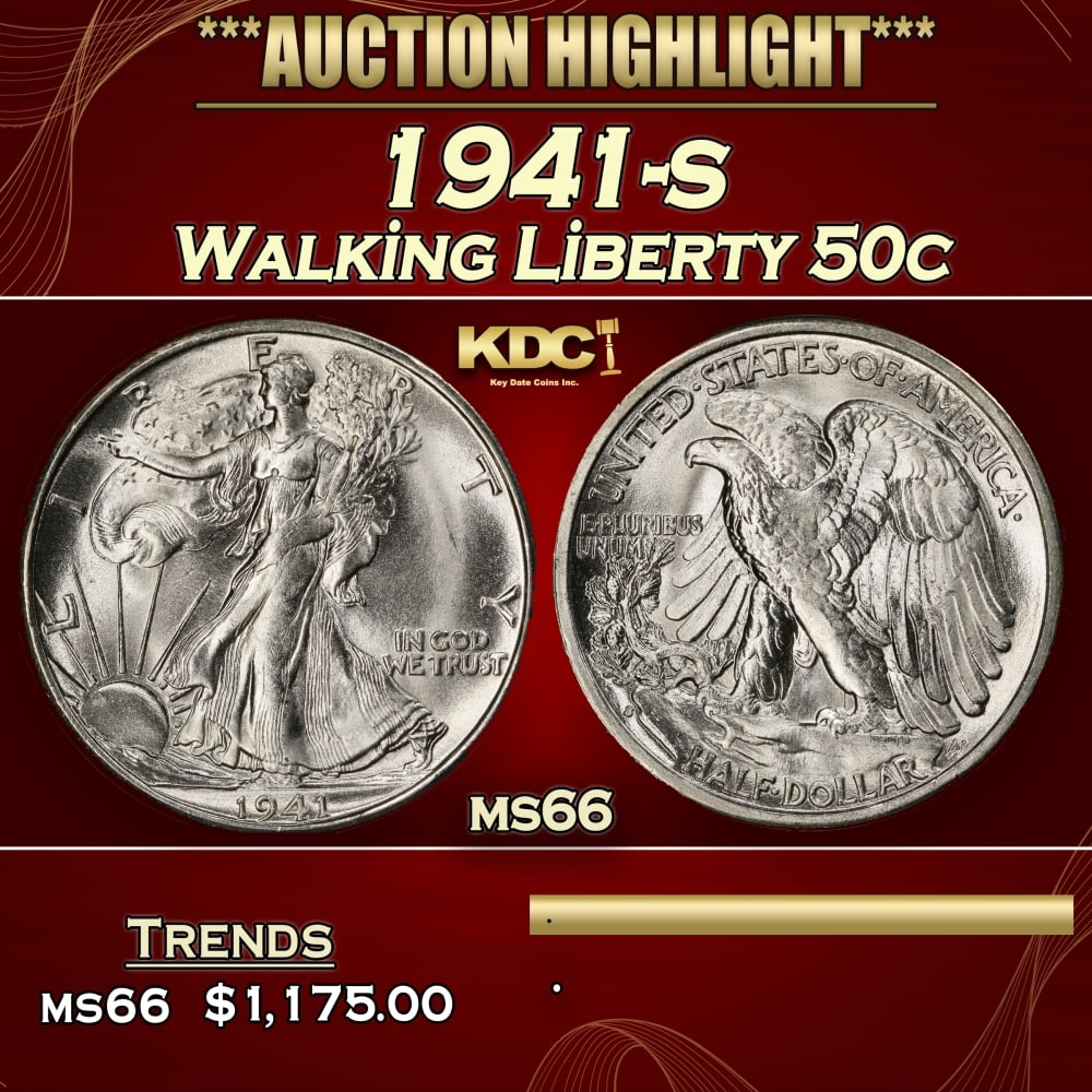 1941-s Walking Liberty Half Dollar 50c ms66 SEGS: 1941-s Walking Liberty Half Dollar 50c ms66 SEGS. 0 Historic precious metal trends is causing increased spot pricing by the day. On auctions with set openings, we are doing our best to have items pric