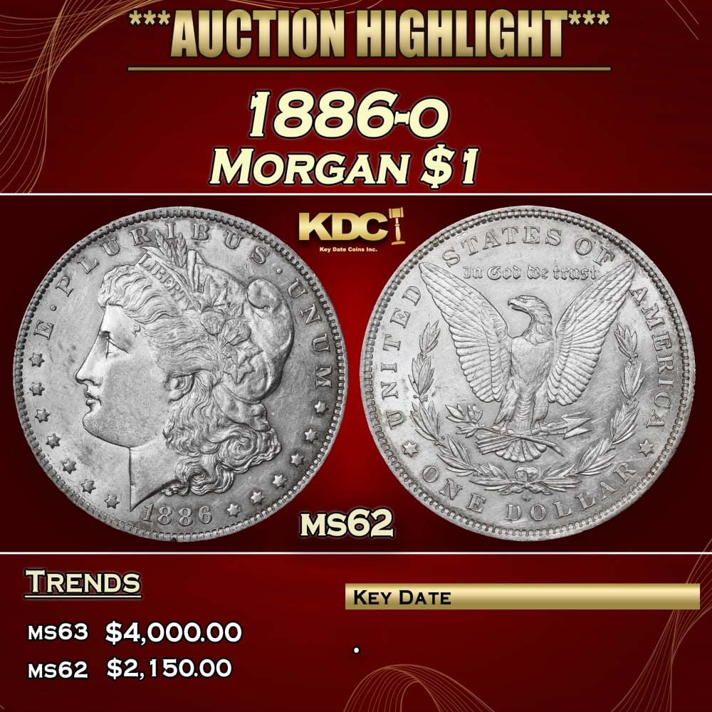 1886-o Morgan Dollar $1 ms62 USCG: 1886-o Morgan Dollar $1 ms62 USCG. 0 Historic precious metal trends is causing increased spot pricing by the day. On auctions with set openings, we are doing our best to have items priced at their mar