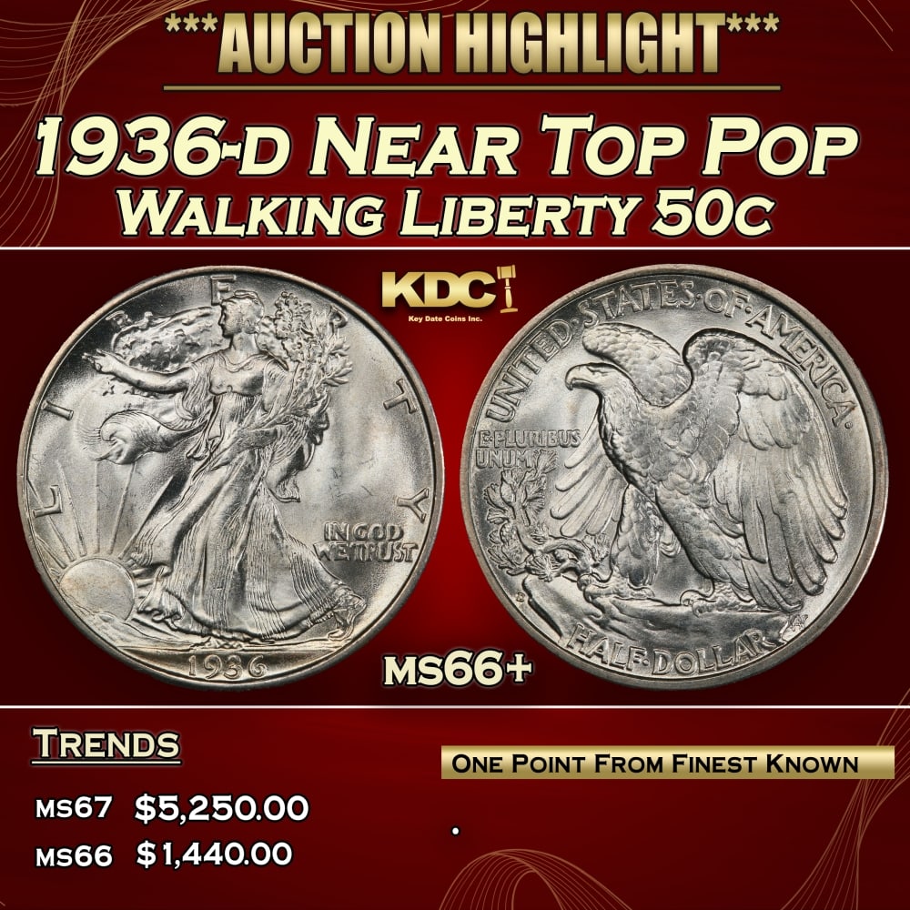 1936-d Walking Liberty Half Dollar Near Top Pop 50c ms66+ SEGS: 1936-d Near Top Pop Walking Liberty Half Dollar 50c ms66+ SEGS. 0 Historic precious metal trends is causing increased spot pricing by the day. On auctions with set openings, we are doing our best to h