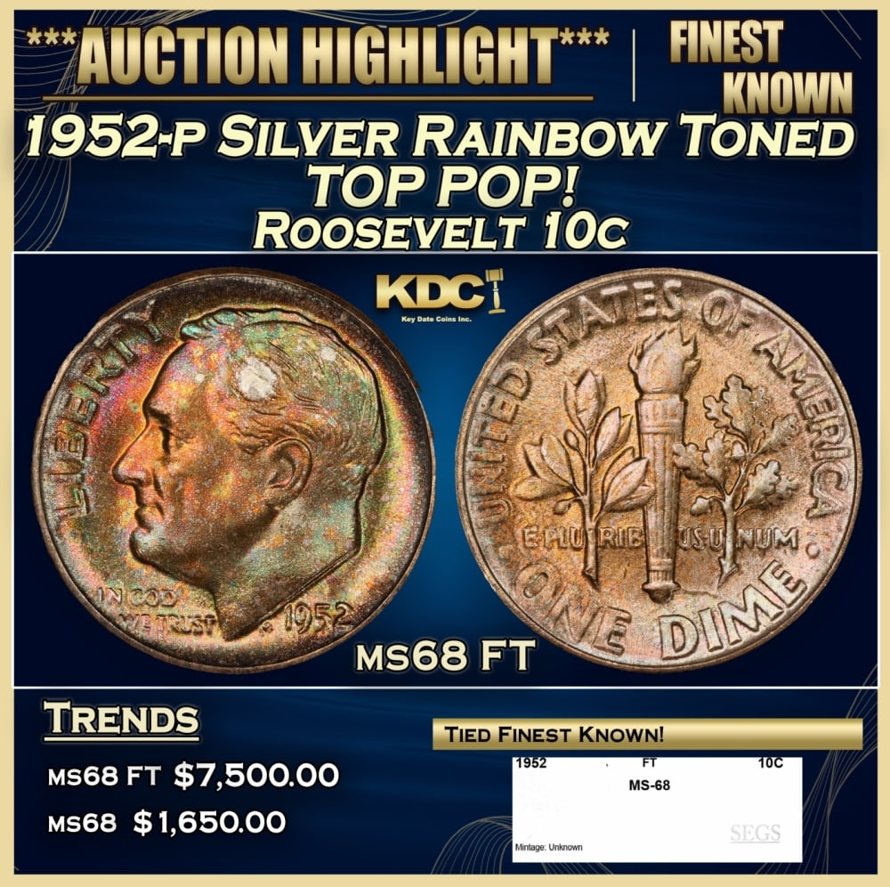 1952-p Roosevelt Dime Silver Rainbow Toned TOP POP! 10c ms68 FT SEGS: 1952-p Silver Rainbow Toned TOP POP! Roosevelt Dime 10c ms68 FT SEGS. 0 Historic precious metal trends is causing increased spot pricing by the day. On auctions with set openings, we are doing our bes