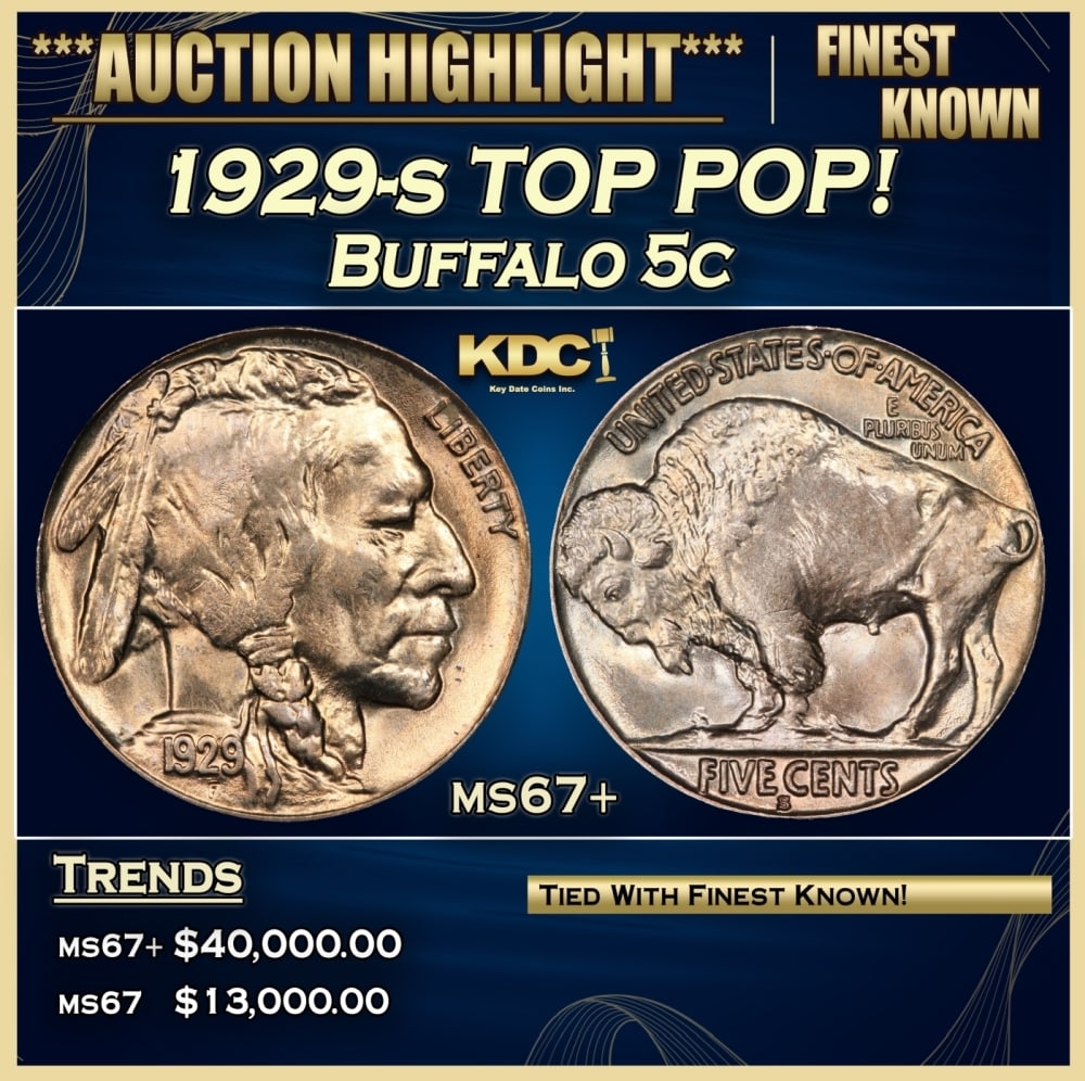 1929-s Buffalo Nickel TOP POP! 5c ms67+ SEGS: 1929-s TOP POP! Buffalo Nickel 5c ms67+ SEGS. 0 Historic precious metal trends is causing increased spot pricing by the day. On auctions with set openings, we are doing our best to have items priced a