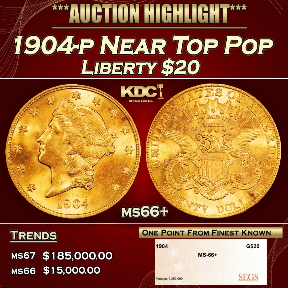 1904-p Gold Liberty Double Eagle Near Top Pop $20 ms66+ SEGS: 1904-p Near Top Pop Gold Liberty Double Eagle $20 ms66+ SEGS. 0 Historic precious metal trends is causing increased spot pricing by the day. On auctions with set openings, we are doing our best to hav