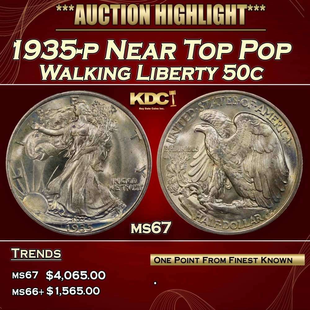 1935-p Walking Liberty Half Dollar Near Top Pop 50c ms67 SEGS: 1935-p Near Top Pop Walking Liberty Half Dollar 50c ms67 SEGS. 0 Historic precious metal trends is causing increased spot pricing by the day. On auctions with set openings, we are doing our best to ha