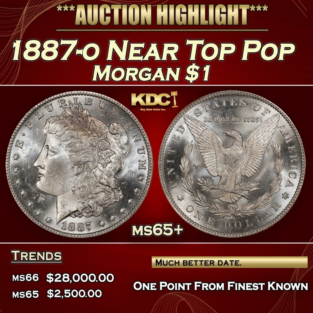 1887-o Morgan Dollar Near Top Pop $1 ms65+ SEGS: 1887-o Near Top Pop Morgan Dollar $1 ms65+ SEGS. 0 Historic precious metal trends is causing increased spot pricing by the day. On auctions with set openings, we are doing our best to have items price