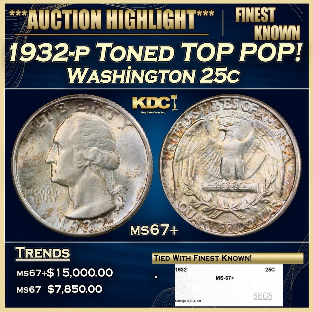 1932-p Washington Quarter Toned TOP POP! 25c ms67+ SEGS: 1932-p Toned TOP POP! Washington Quarter 25c ms67+ SEGS. 0 Historic precious metal trends is causing increased spot pricing by the day. On auctions with set openings, we are doing our best to have ite