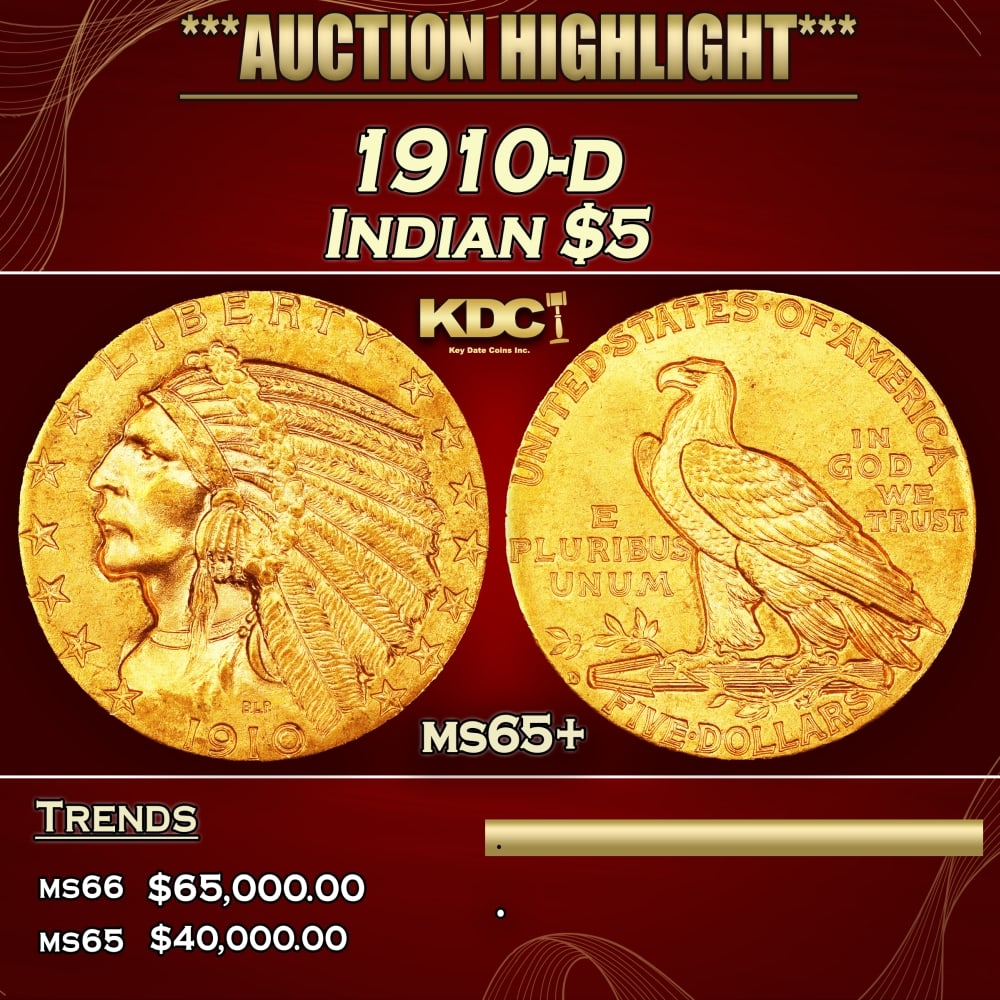 1910-d Gold Indian Half Eagle $5 ms65+ USCG (1 of 3)