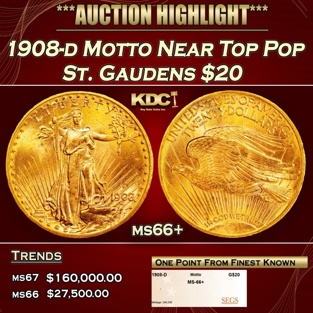 1908-d Motto Gold St. Gaudens Double Eagle Near Top Pop $20 ms66+ SEGS: 1908-d Motto Near Top Pop Gold St. Gaudens Double Eagle $20 ms66+ SEGS. 0 Historic precious metal trends is causing increased spot pricing by the day. On auctions with set openings, we are doing our b