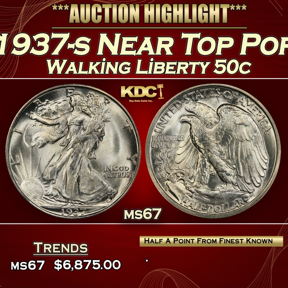 1937-s Walking Liberty Half Dollar Near Top Pop 50c ms67 SEGS: 1937-s Near Top Pop Walking Liberty Half Dollar 50c ms67 SEGS. 0 Historic precious metal trends is causing increased spot pricing by the day. On auctions with set openings, we are doing our best to ha