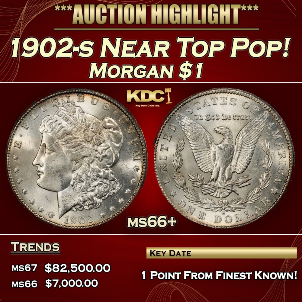 1902-s Morgan Dollar Near Top Pop! $1 ms66+ SEGS: 1902-s Near Top Pop! Morgan Dollar $1 ms66+ SEGS. 0 Historic precious metal trends is causing increased spot pricing by the day. On auctions with set openings, we are doing our best to have items pric