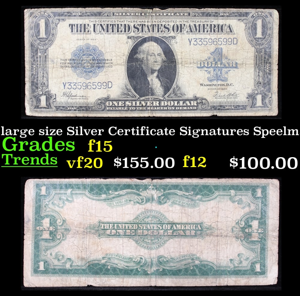 1923 $1 large size Silver Certificate Grades f+ Signatures Speelman/White: 1923 $1 large size Silver Certificate Grades f+ Signatures Speelman/White. Fr-237 The term “horse blanket” gets used a lot when talking about large size currency. It is most frequently used to