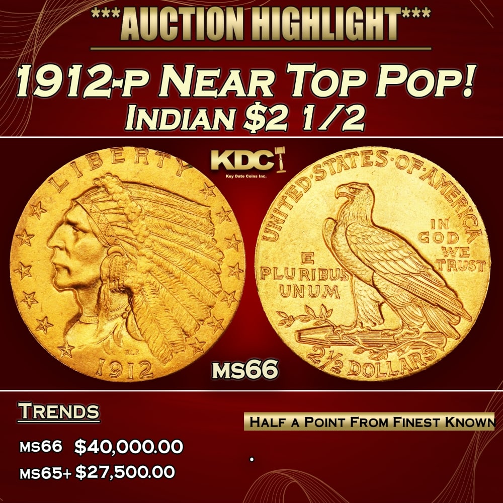 1912-p Gold Indian Quarter Eagle Near Top Pop! $2 1/2 ms66 USCG: 1912-p Near Top Pop! Gold Indian Quarter Eagle $2 1/2 ms66 USCG. Many Indian gold specialists consider the 1912 quarter eagle to be underrated in Gem and better condition. The spotlight is usually hog