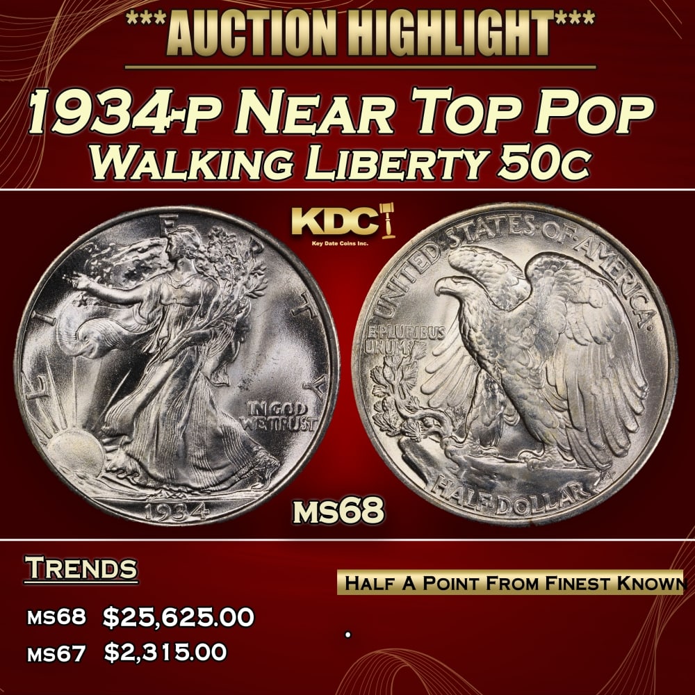 1934-p Walking Liberty Half Dollar Near Top Pop 50c ms68 SEGS: 1934-p Near Top Pop Walking Liberty Half Dollar 50c ms68 SEGS. 0 Historic precious metal trends is causing increased spot pricing by the day. On auctions with set openings, we are doing our best to ha