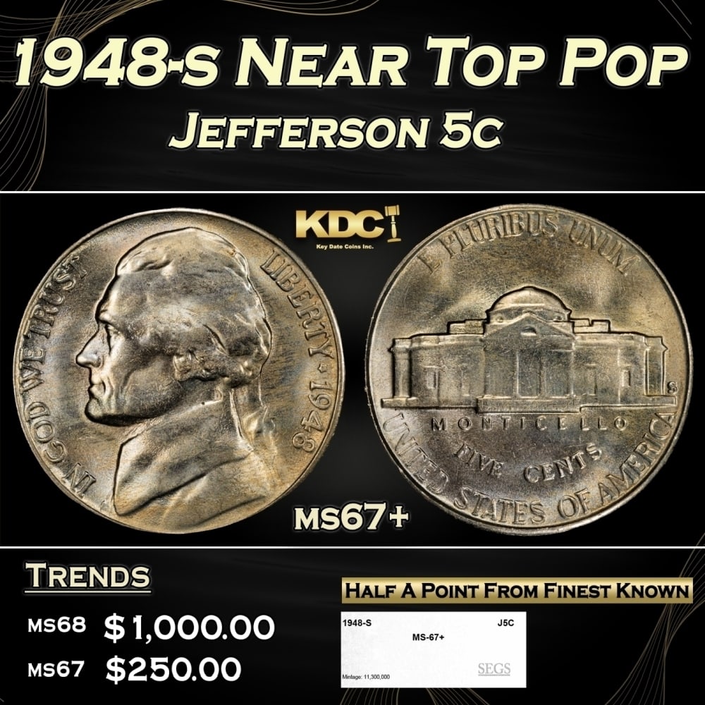 1948-s Jefferson Nickel Near Top Pop 5c ms67+ SEGS: 1948-s Near Top Pop Jefferson Nickel 5c ms67+ SEGS. 0 Historic precious metal trends is causing increased spot pricing by the day. On auctions with set openings, we are doing our best to have items pr