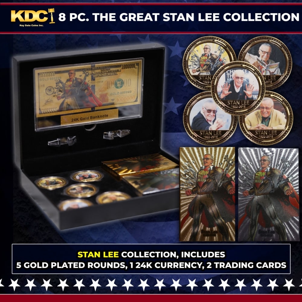The Great Stan Lee Tribute Collection 5 Gold Plated Rounds, 1 24K Gold Banknote, & 2 Trading Cards: The Great Stan Lee Tribute Collection 5 Gold Plated Rounds, 1 24K Gold Banknote, & 2 Trading Cards. Please Note All Backer Cards may have slight differences but will be very similar if not identical t