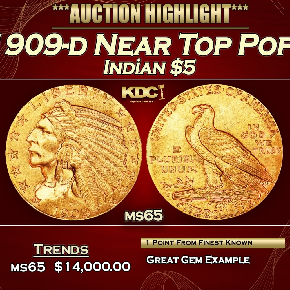 1909-d Gold Indian Half Eagle Near Top Pop! $5 ms65 USCG: 1909-d Near Top Pop! Gold Indian Half Eagle $5 ms65 USCG. Offered is an extraordinary example of this otherwise readily obtainable Indian half eagle issue. Intensely lustrous and satiny, the surfaces