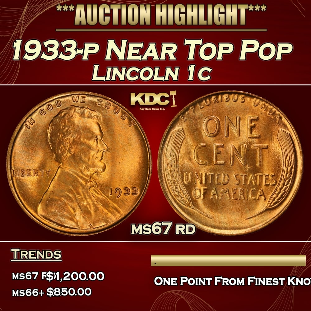 1933-p Lincoln Cent Near Top Pop 1c ms67 rd SEGS: 1933-p Near Top Pop Lincoln Cent 1c ms67 rd SEGS. 0 Historic precious metal trends is causing increased spot pricing by the day. On auctions with set openings, we are doing our best to have items pric