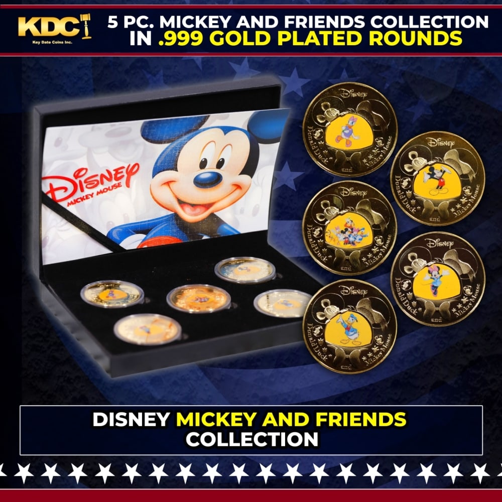 5 Coin Disney Mickey and Friends Gold Plated Round Collection A: 5 Coin Disney Mickey and Friends Gold Plated Round Collection A. Please Note All Backer Cards may have slight differences but will be very similar if not identical to the one in the photo Historic pre