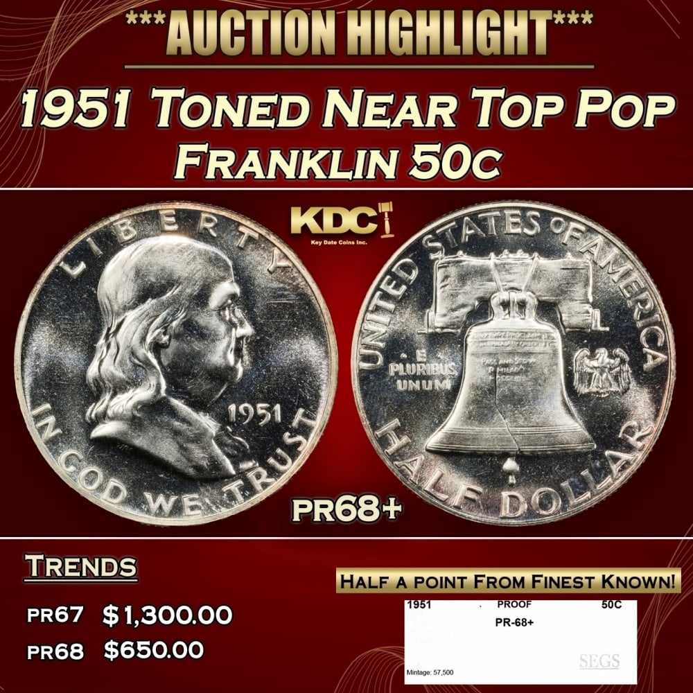 1951 Proof Franklin Half Dollar Toned Near Top Pop 50c pr68+ SEGS: 1951 Toned Near Top Pop Franklin Half Dollar 50c pr68+ SEGS. 0 Historic precious metal trends is causing increased spot pricing by the day. On auctions with set openings, we are doing our best to have