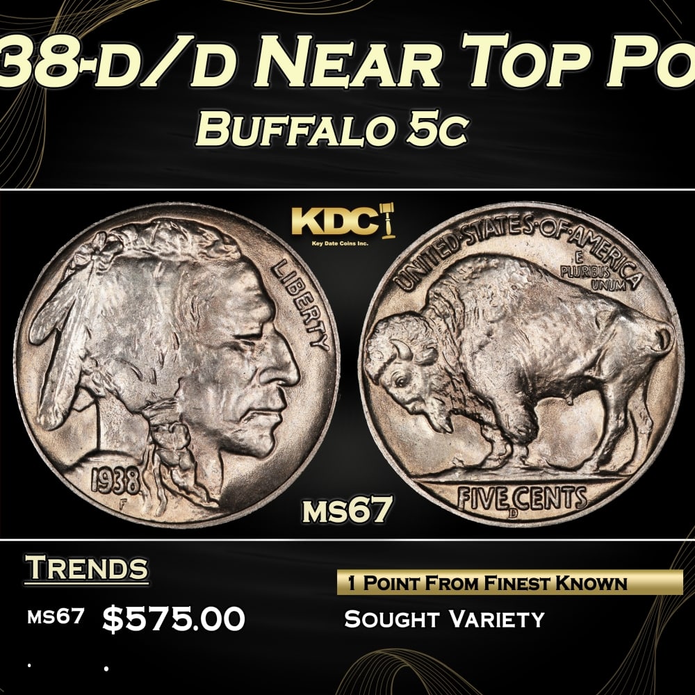 1938-d/d Buffalo Nickel Near Top Pop 5c ms67 SEGS: 1938-d/d Near Top Pop Buffalo Nickel 5c ms67 SEGS. 0 Historic precious metal trends is causing increased spot pricing by the day. On auctions with set openings, we are doing our best to have items pri