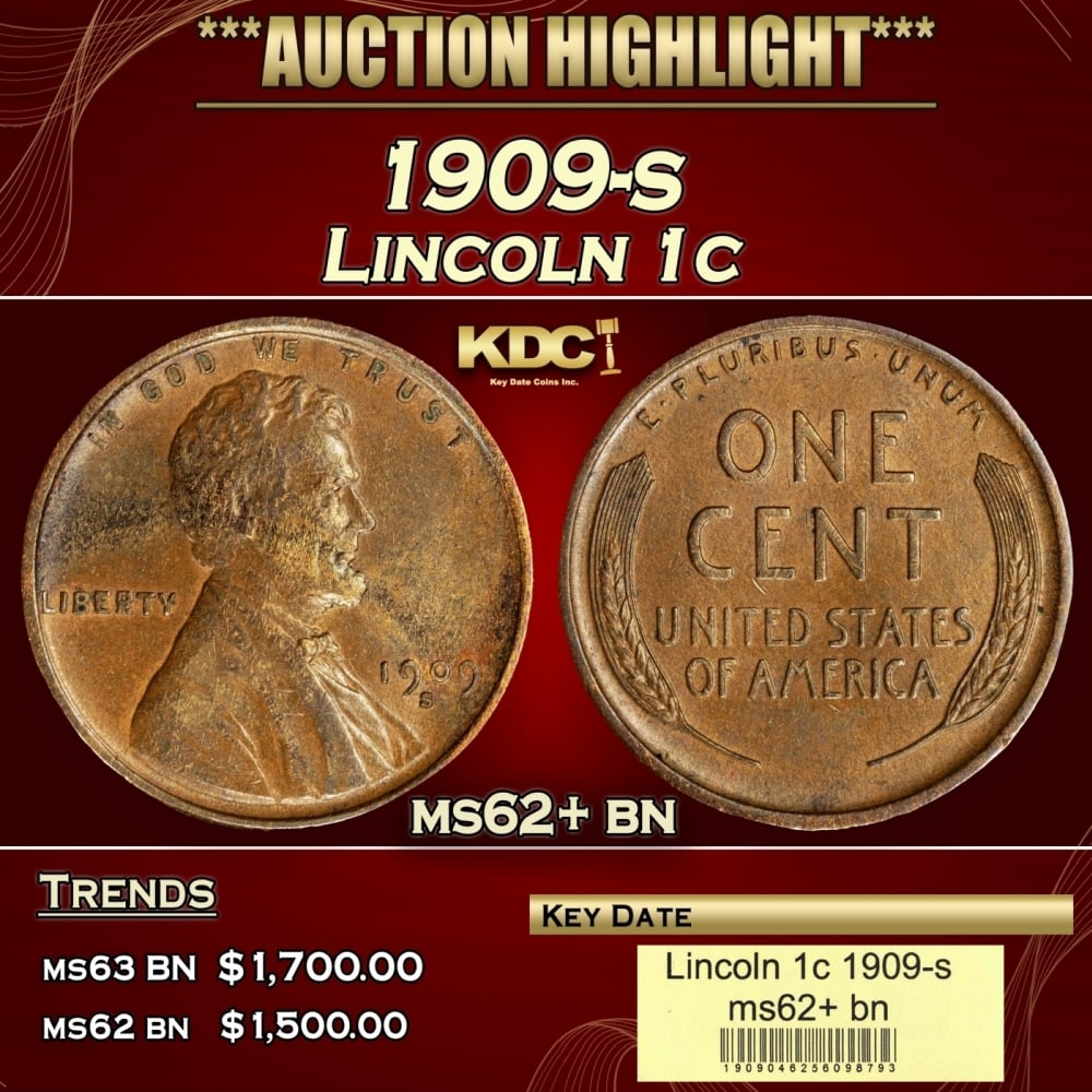 1909-s Lincoln Cent 1c ms62+ bn USCG (1 of 4)