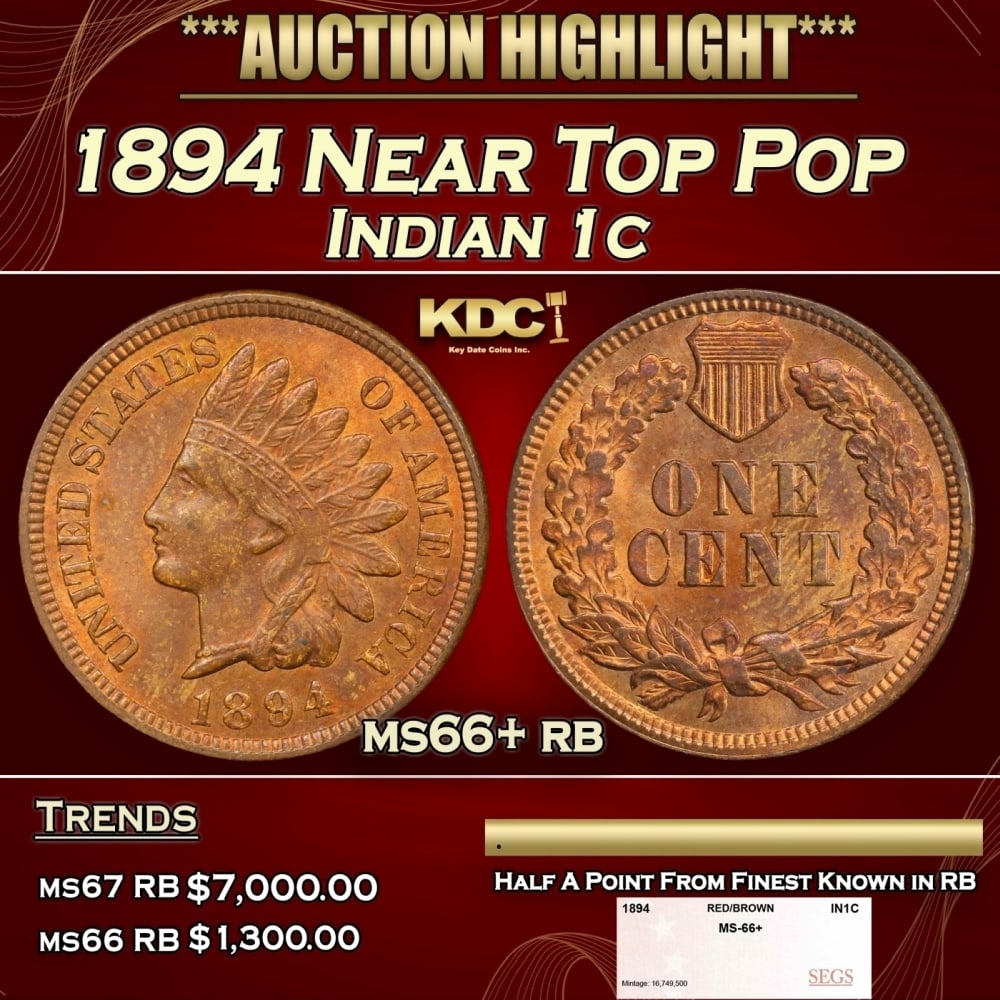 1894 Indian Cent Near Top Pop 1c ms66+ rb SEGS: 1894 Near Top Pop Indian Cent 1c ms66+ rb SEGS. 0 Historic precious metal trends is causing increased spot pricing by the day. On auctions with set openings, we are doing our best to have items priced