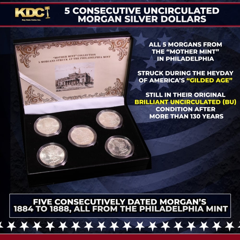 5x Coin Consecutive MORGAN Set 1884-1888-p ALL UNC, 5 Morgan Dollars From Philly: 5x Coin Consecutive MORGAN Set 1884-1888-p ALL UNC, 5 Morgan Dollars From Philly. Please Note All Backer Cards may have slight differences but will be very similar if not identical to the one in the p