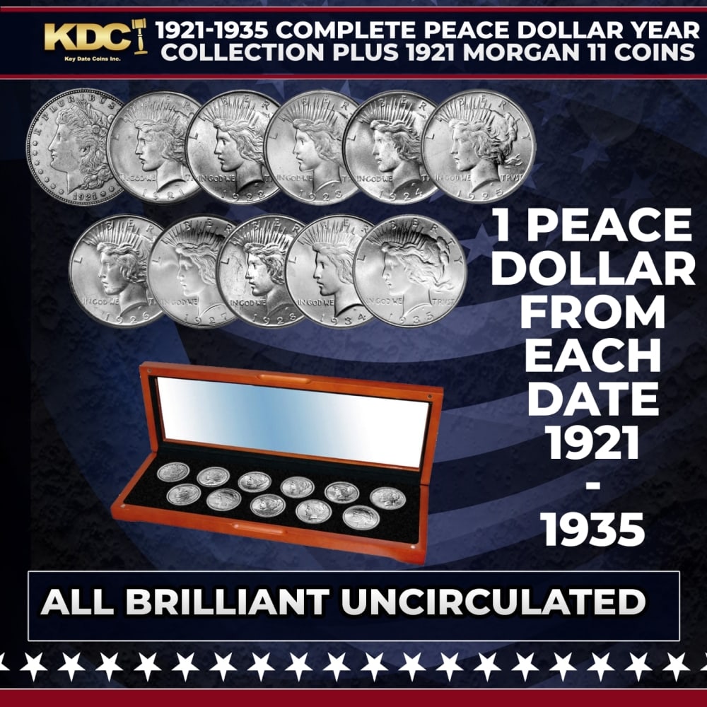 1921-1935 Complete Peace Dollar Year Collection Plus 1921 Morgan 11 Coins Uncirculated: 1921-1935 Complete Peace Dollar Year Collection Plus 1921 Morgan 11 Coins Uncirculated. The Peace dollar is a United States dollar coin minted from 1921 to 1928, and again in 1934 and 1935. Designed b