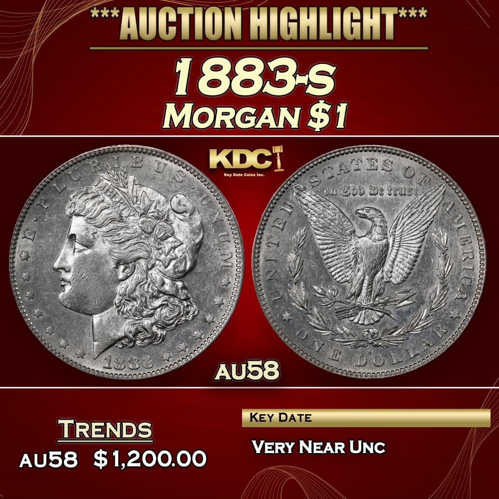 1883-s Morgan Dollar $1 au58 SEGS: 1883-s Morgan Dollar $1 au58 SEGS. 0 Historic precious metal trends is causing increased spot pricing by the day. On auctions with set openings, we are doing our best to have items priced at their mar