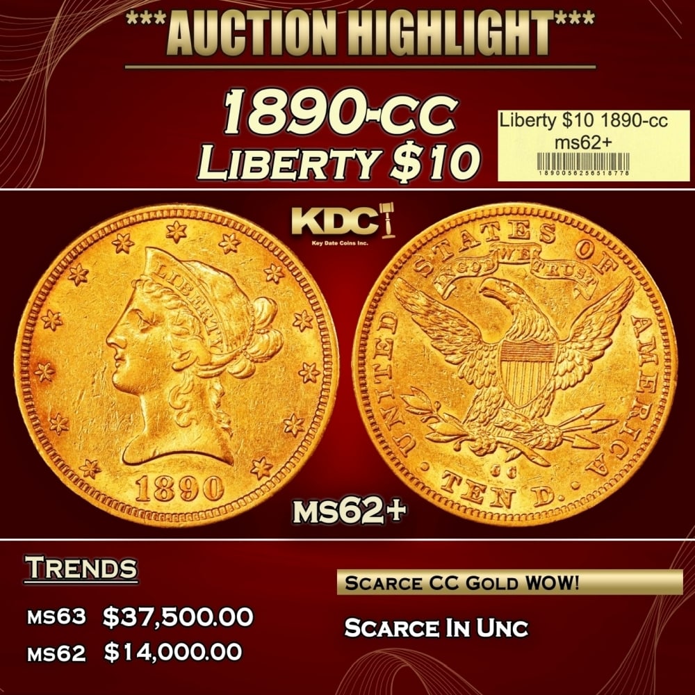 1890-cc Gold Liberty Eagle $10 ms62+ USCG: 1890-cc Gold Liberty Eagle $10 ms62+ USCG. 0 Historic precious metal trends is causing increased spot pricing by the day. On auctions with set openings, we are doing our best to have items priced at t