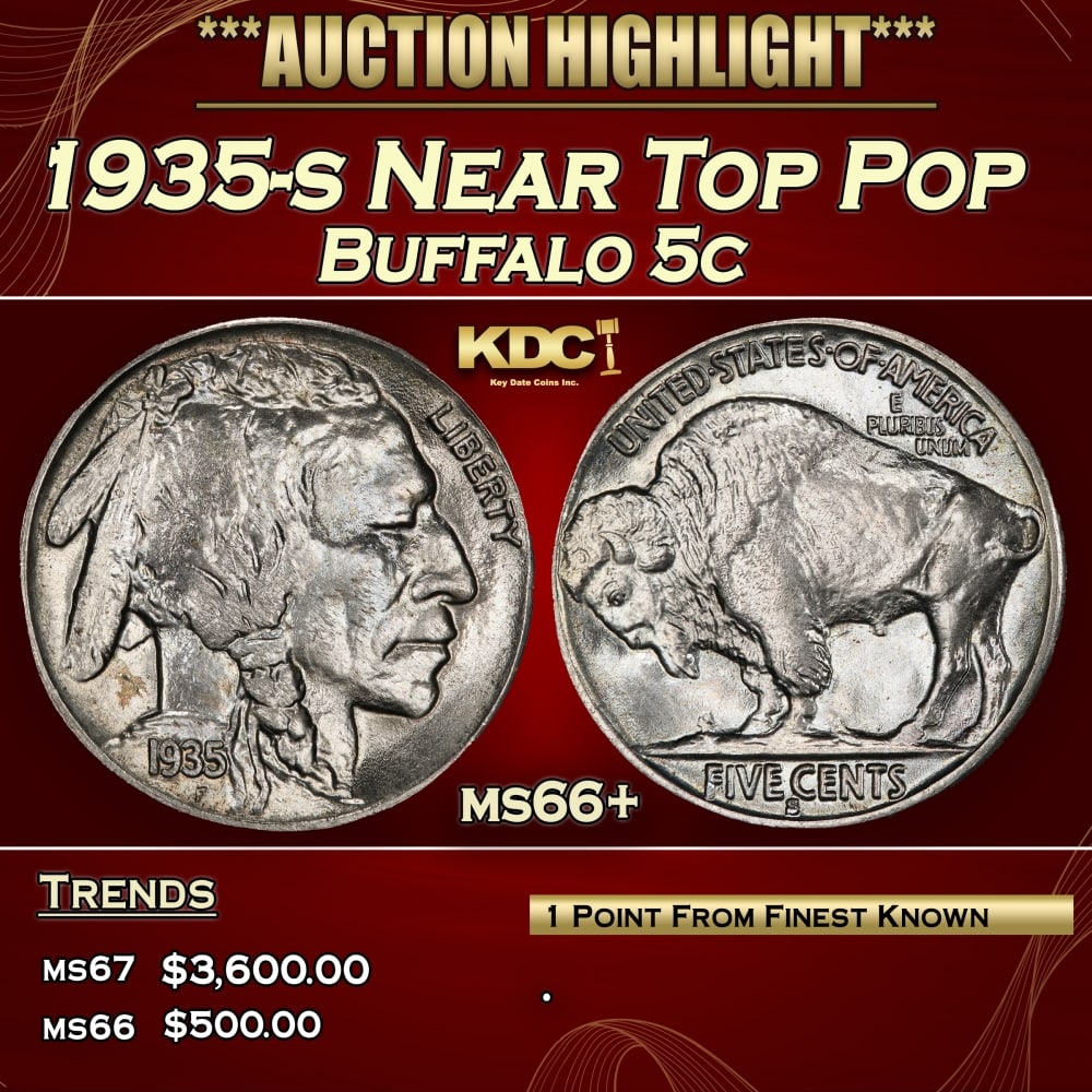 1935-s Buffalo Nickel Near Top Pop 5c ms66+ SEGS: 1935-s Near Top Pop Buffalo Nickel 5c ms66+ SEGS. 0 Historic precious metal trends is causing increased spot pricing by the day. On auctions with set openings, we are doing our best to have items pric