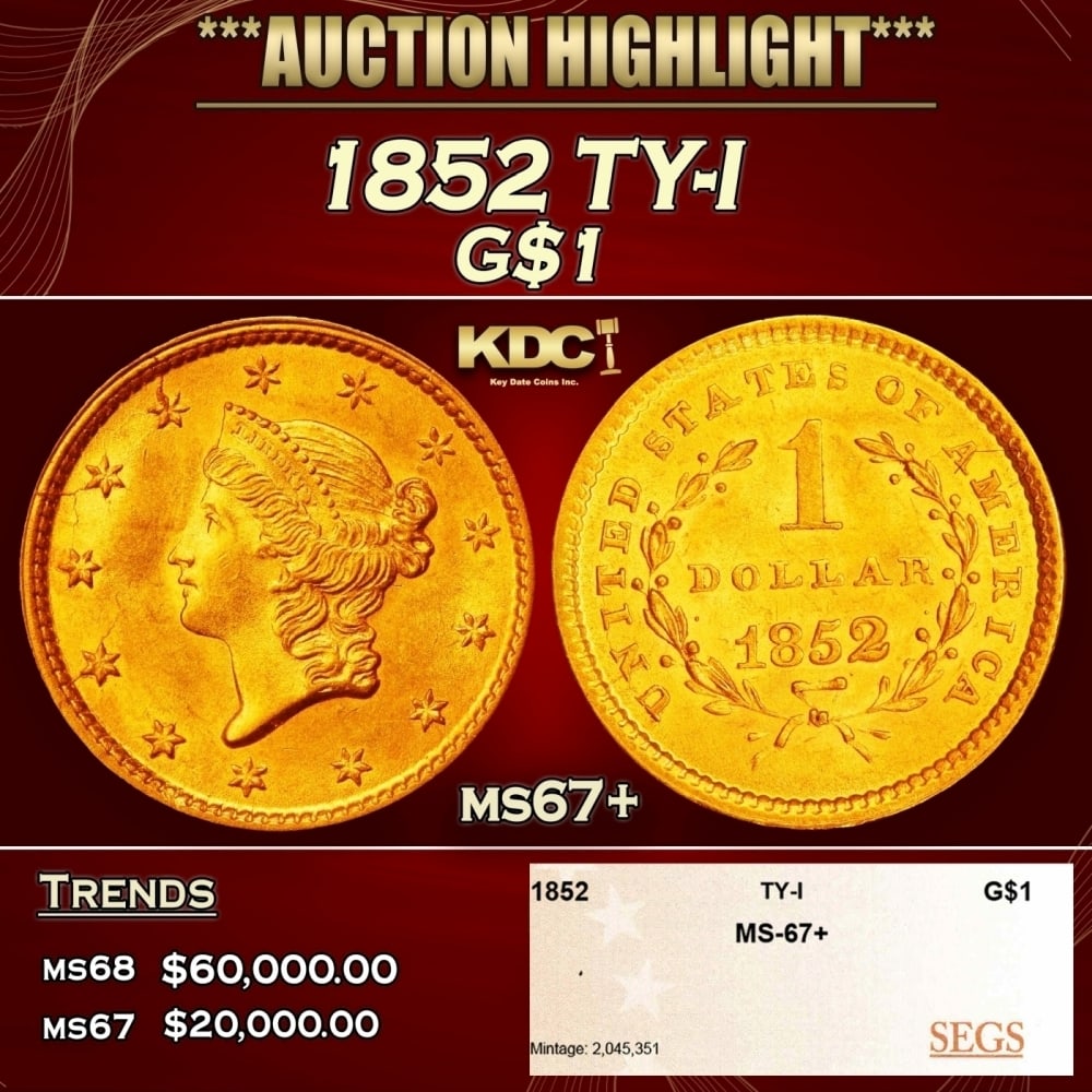 1852 Gold Dollar TY-I $1 ms67+ SEGS: 1852 TY-I Gold Dollar $1 ms67+ SEGS. 0 Historic precious metal trends is causing increased spot pricing by the day. On auctions with set openings, we are doing our best to have items priced at their m