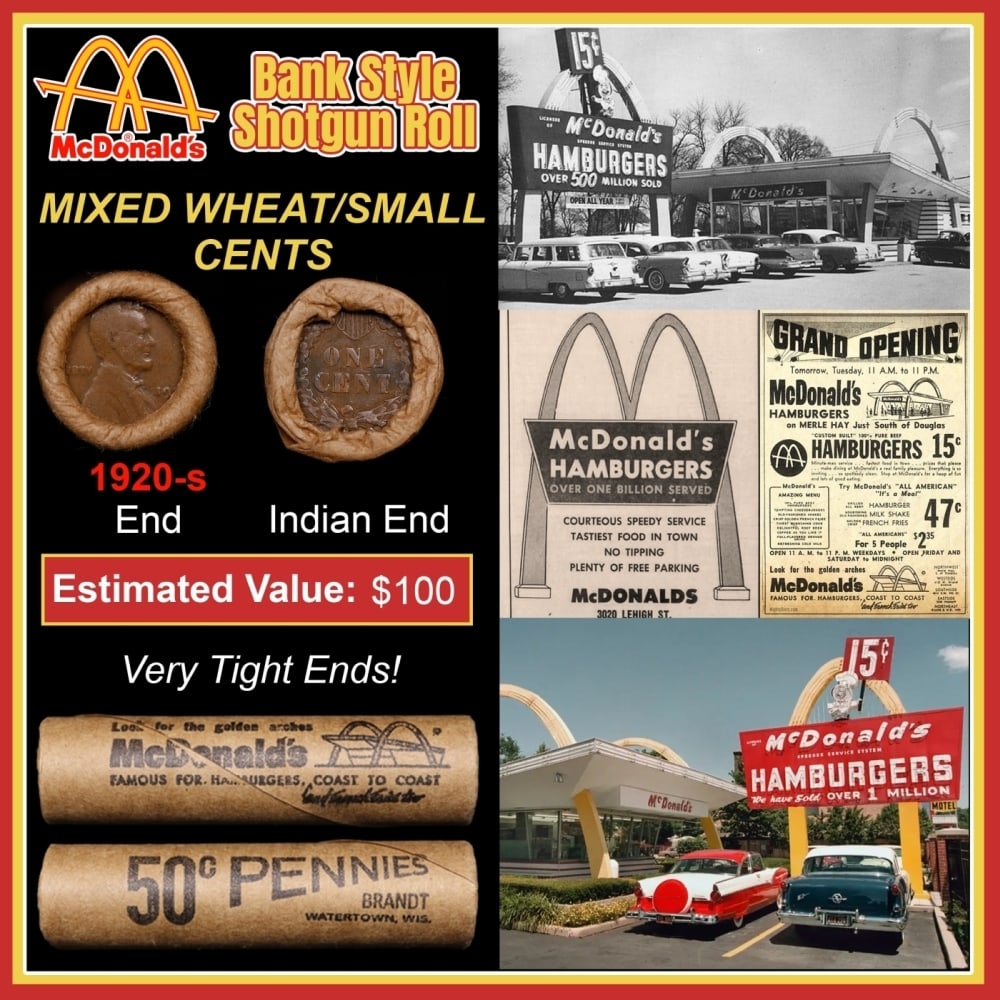Lincoln Wheat Cent 1c Mixed Roll Orig Brandt McDonalds Wrapper, 1920-s end, Indian other end: Lincoln Wheat Cent 1c Mixed Roll Orig Brandt McDonalds Wrapper, 1920-s end, Indian other end. Lincoln Wheat Cent 1c mixed original Shotgun Roll. Actual roll pictured is the roll you will get. A great