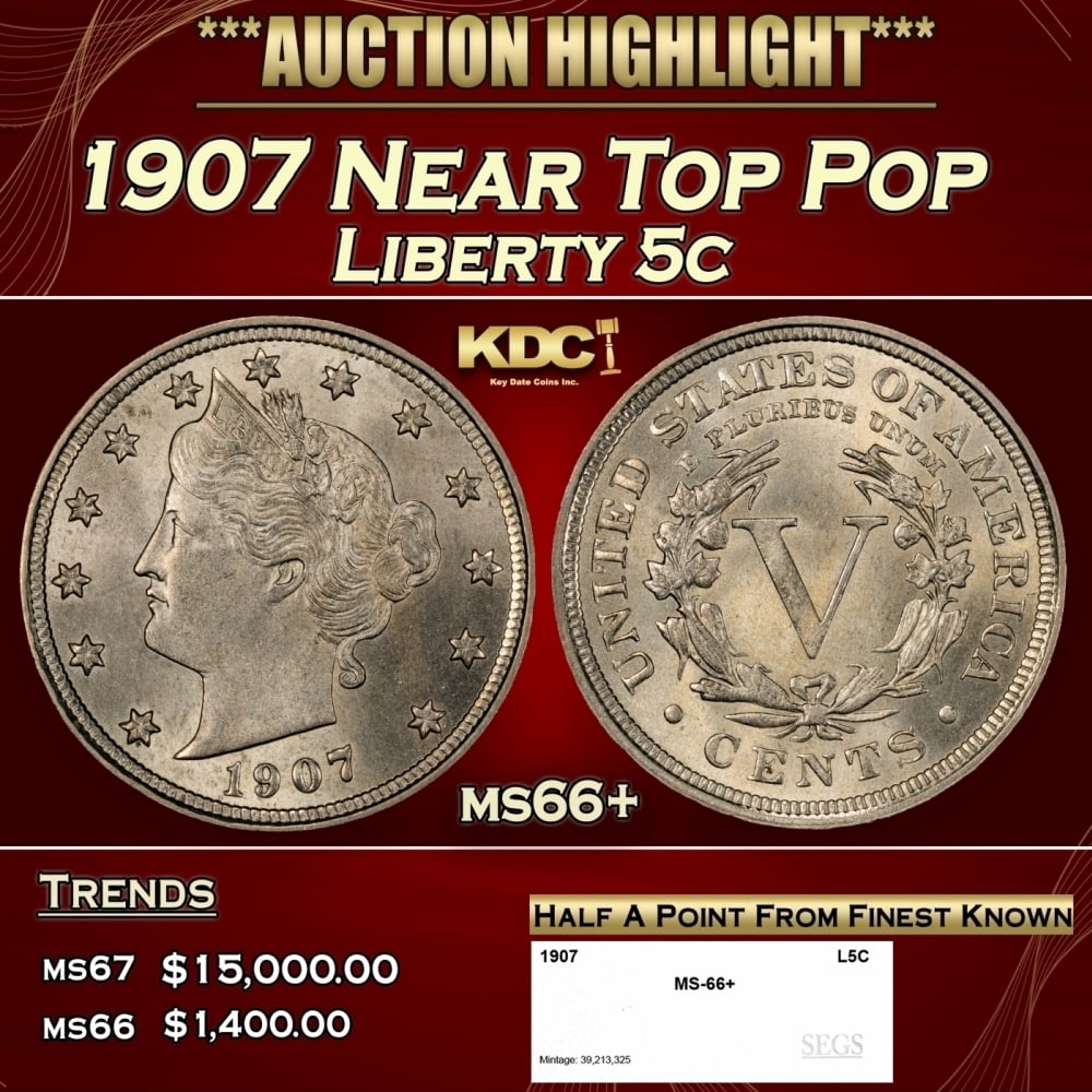 1907 Liberty Nickel Near Top Pop 5c ms66+ SEGS: 1907 Near Top Pop Liberty Nickel 5c ms66+ SEGS. 0 Historic precious metal trends is causing increased spot pricing by the day. On auctions with set openings, we are doing our best to have items priced