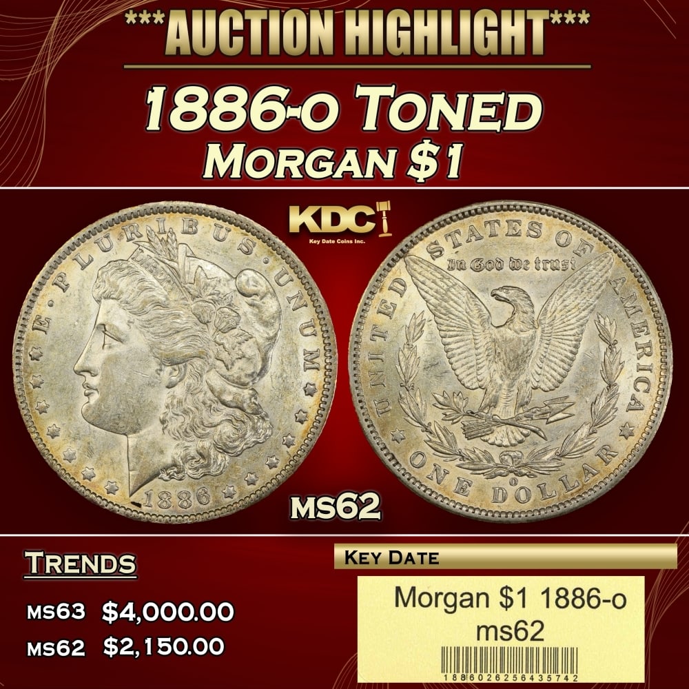 1886-o Morgan Dollar Toned $1 ms62 USCG: 1886-o Toned Morgan Dollar $1 ms62 USCG. 0 Historic precious metal trends is causing increased spot pricing by the day. On auctions with set openings, we are doing our best to have items priced at the