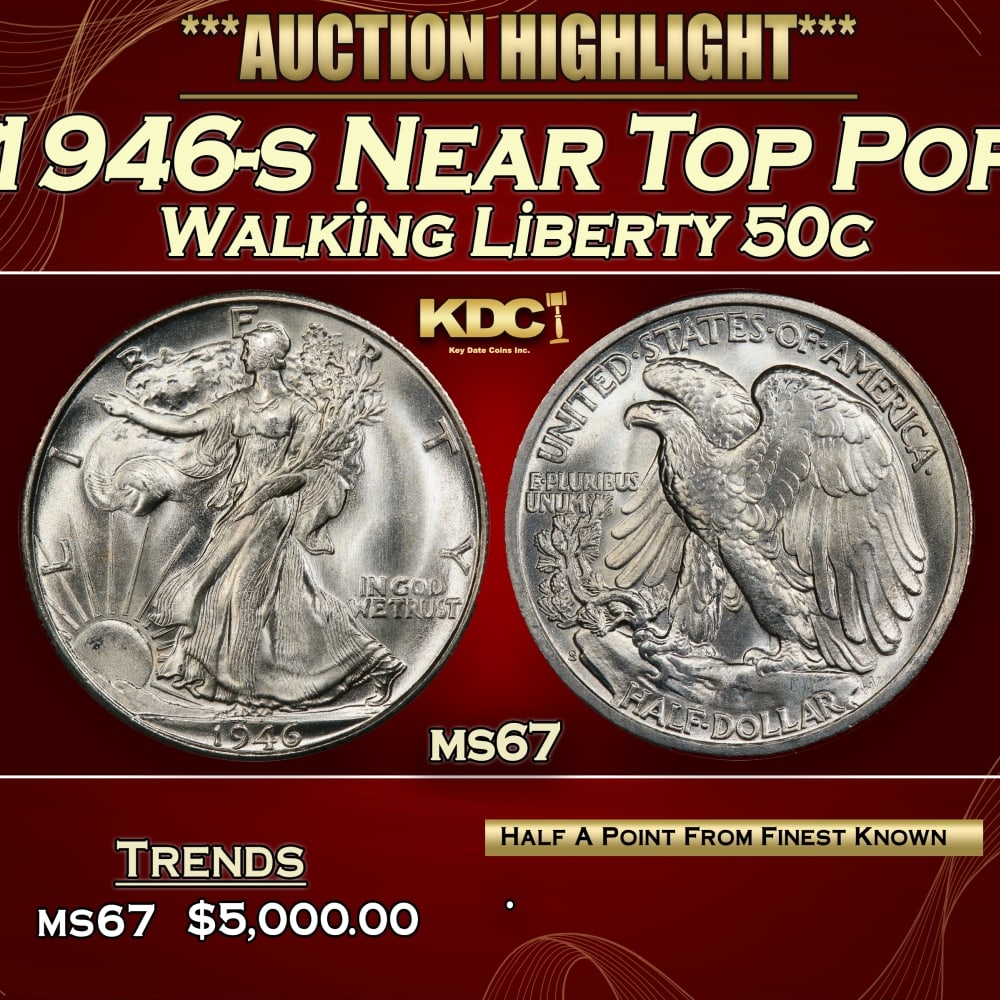 1946-s Walking Liberty Half Dollar Near Top Pop 50c ms67 SEGS: 1946-s Near Top Pop Walking Liberty Half Dollar 50c ms67 SEGS. 0 Historic precious metal trends is causing increased spot pricing by the day. On auctions with set openings, we are doing our best to ha