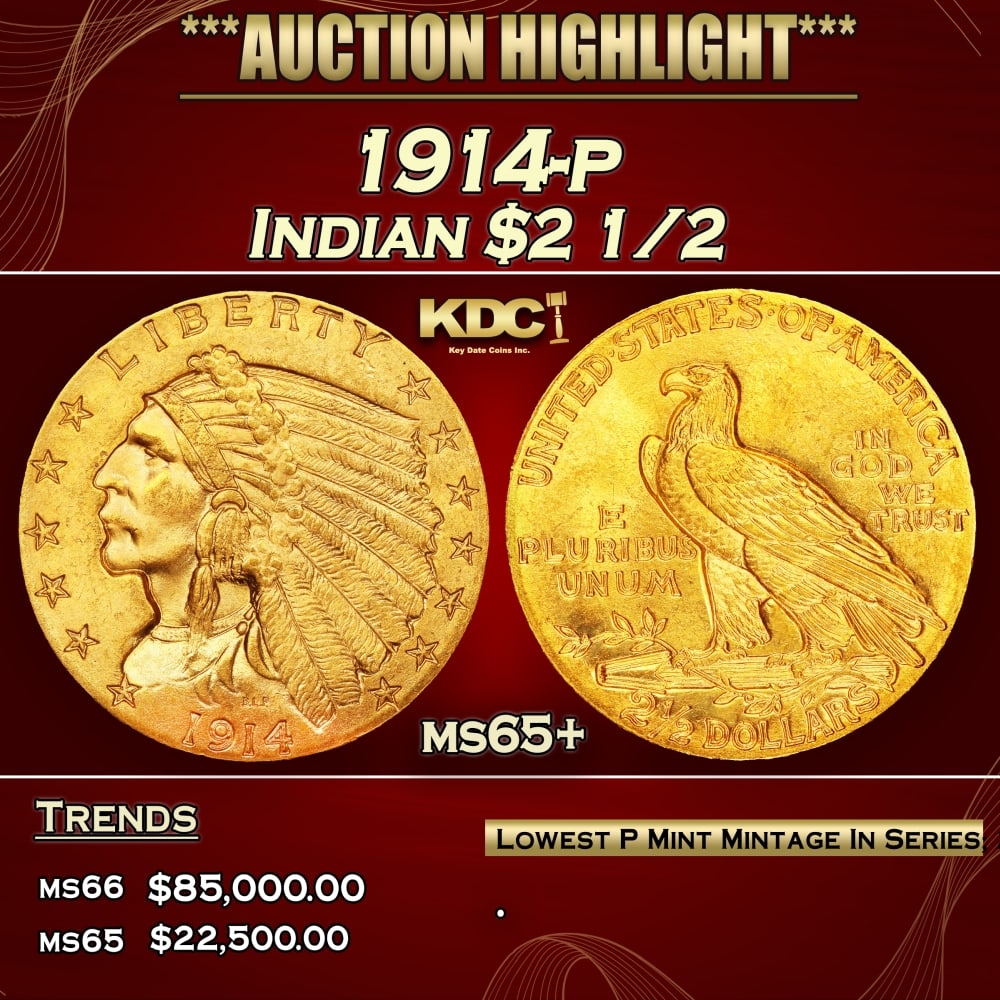 1914-p Gold Indian Quarter Eagle $2 1/2 ms65+ SEGS: 1914-p Gold Indian Quarter Eagle $2 1/2 ms65+ SEGS. The 1914 Indian quarter eagle boasts the lowest mintage of any Philadelphia issue of the series, at a mere 240,000 pieces. The 1914 is also widely c