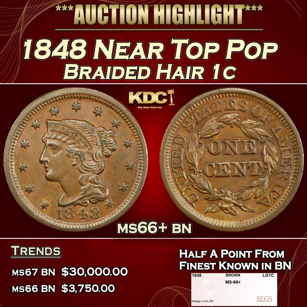1848 Braided Hair Large Cent Near Top Pop 1c ms66+ bn SEGS (1 of 4)