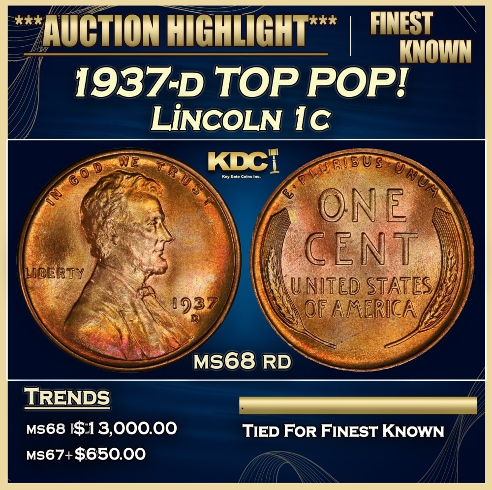 1937-d Lincoln Cent TOP POP! 1c ms68 rd SEGS: 1937-d TOP POP! Lincoln Cent 1c ms68 rd SEGS. 0 Historic precious metal trends is causing increased spot pricing by the day. On auctions with set openings, we are doing our best to have items priced a